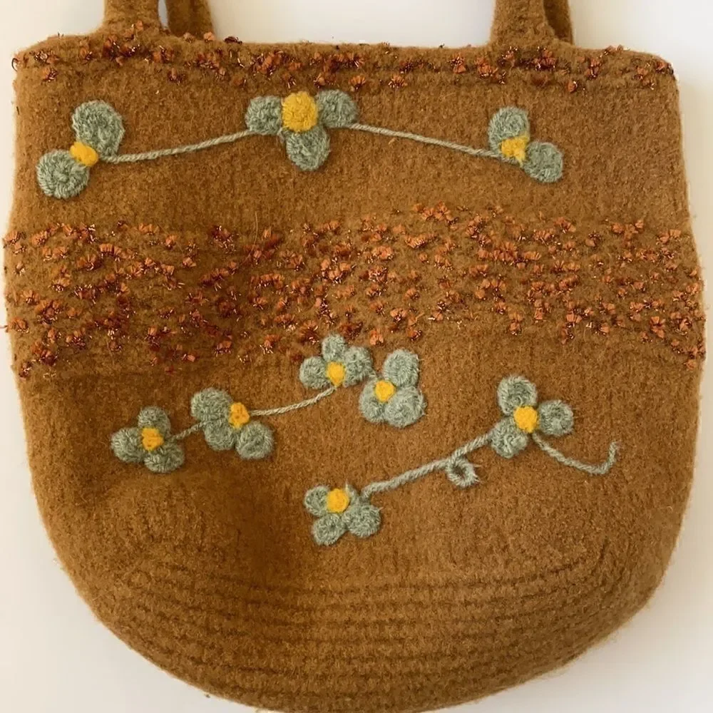 Vintage Felted Wool Embellished Mustard Yellow Purse Handbag